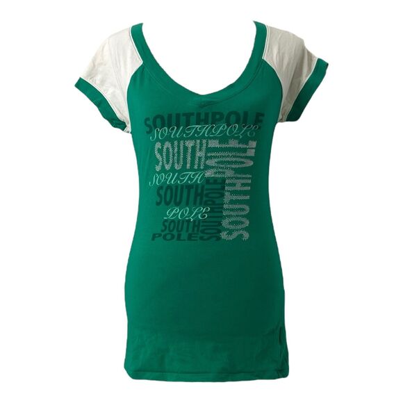 Girl’s Size Large Shirt Southpole Green and White Short Sleeve Scoop Neck - Picture 1 of 9